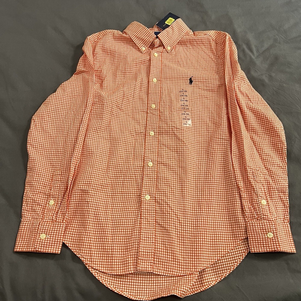 NWT Ralph Lauren Boys Button Down Youth Long Sleeve Orange Gingham Size L 14-16